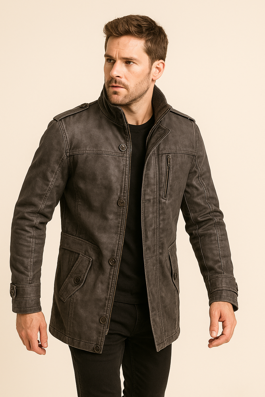Men’s Zippered Jacket with Belt – Elegant Slim Fit – All-Season Smart Outerwear