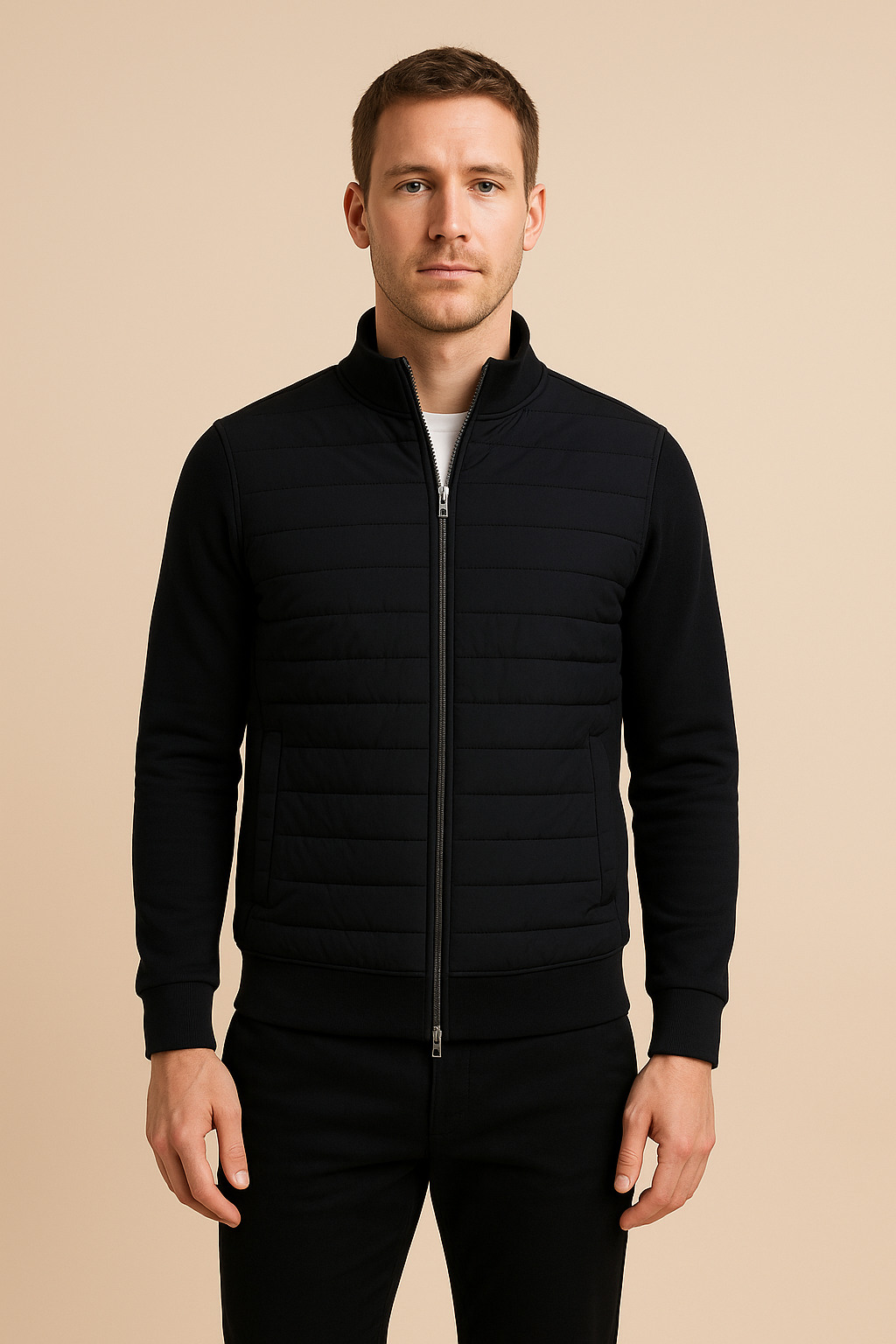 Men’s Quilted Hybrid Jacket – Knitted Sleeves, Zip-Through, Lightweight Insulation