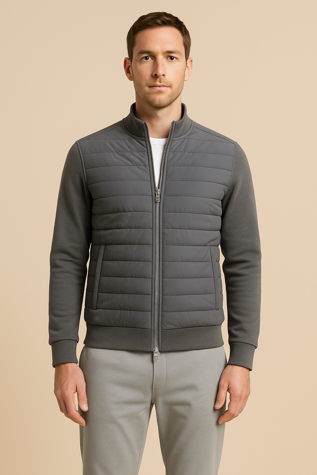 Men’s Quilted Hybrid Jacket – Knitted Sleeves, Zip-Through, Lightweight Insulation