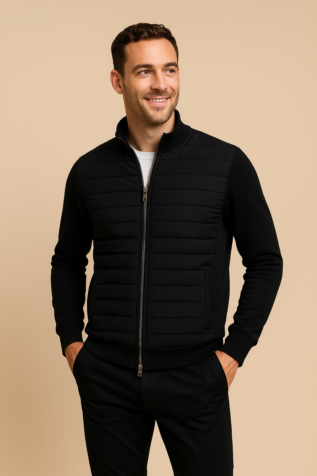 Men’s Quilted Hybrid Jacket – Knitted Sleeves, Zip-Through, Lightweight Insulation
