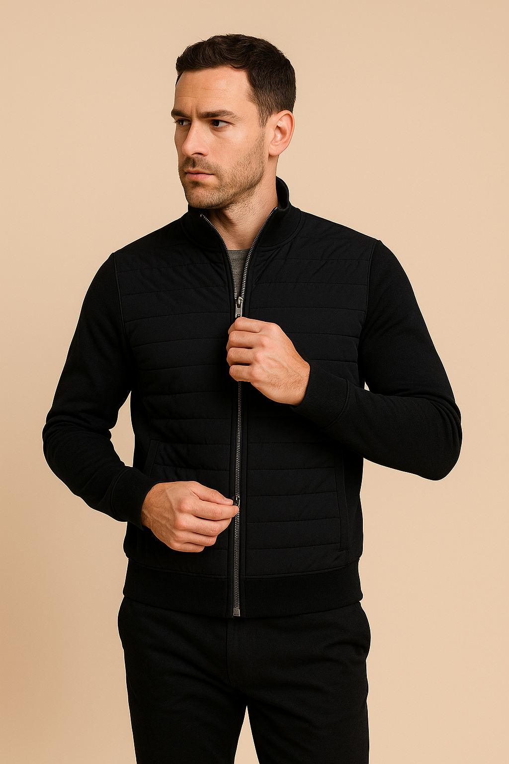 Men’s Quilted Hybrid Jacket – Knitted Sleeves, Zip-Through, Lightweight Insulation