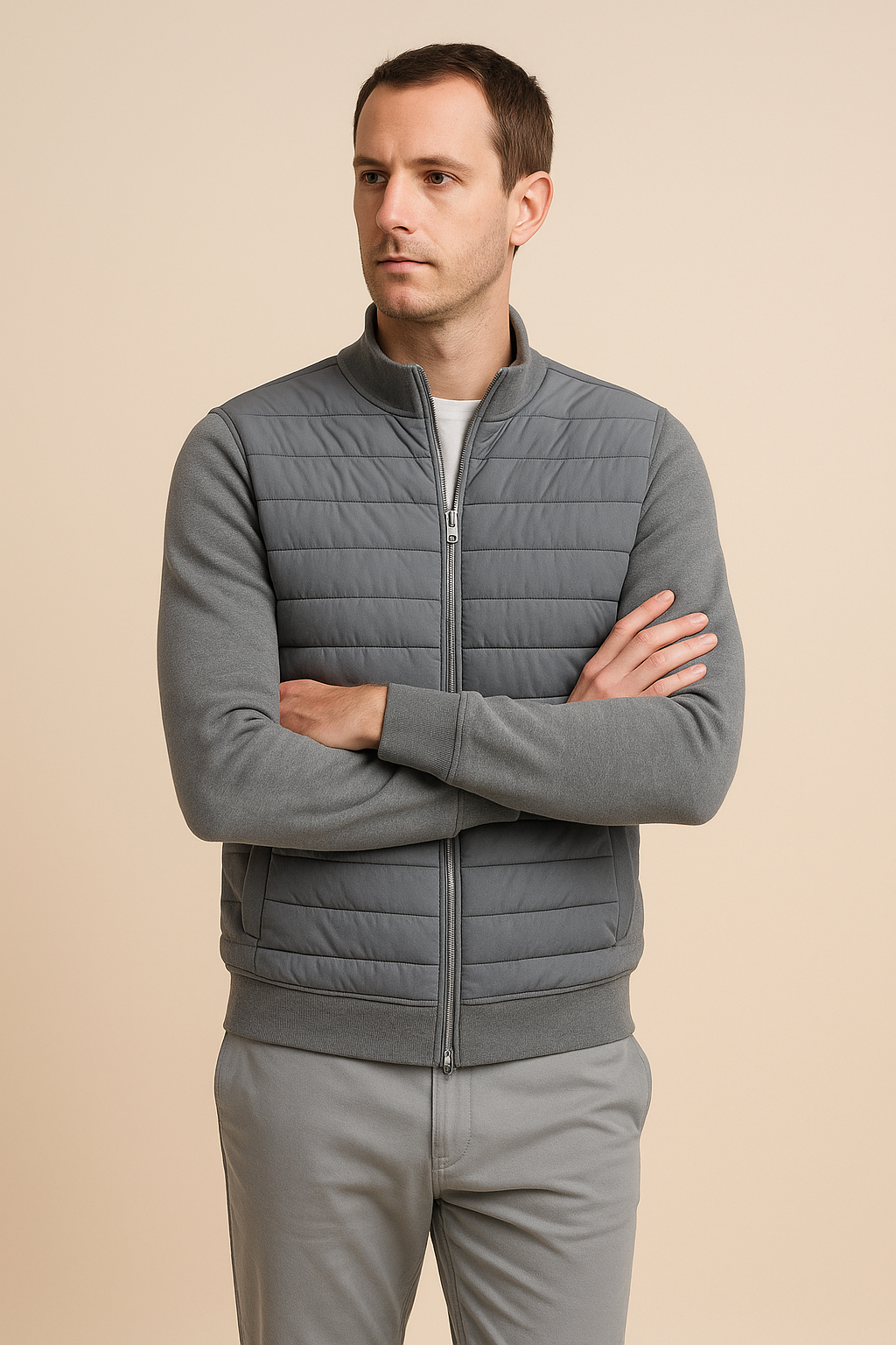 Men’s Quilted Hybrid Jacket – Knitted Sleeves, Zip-Through, Lightweight Insulation