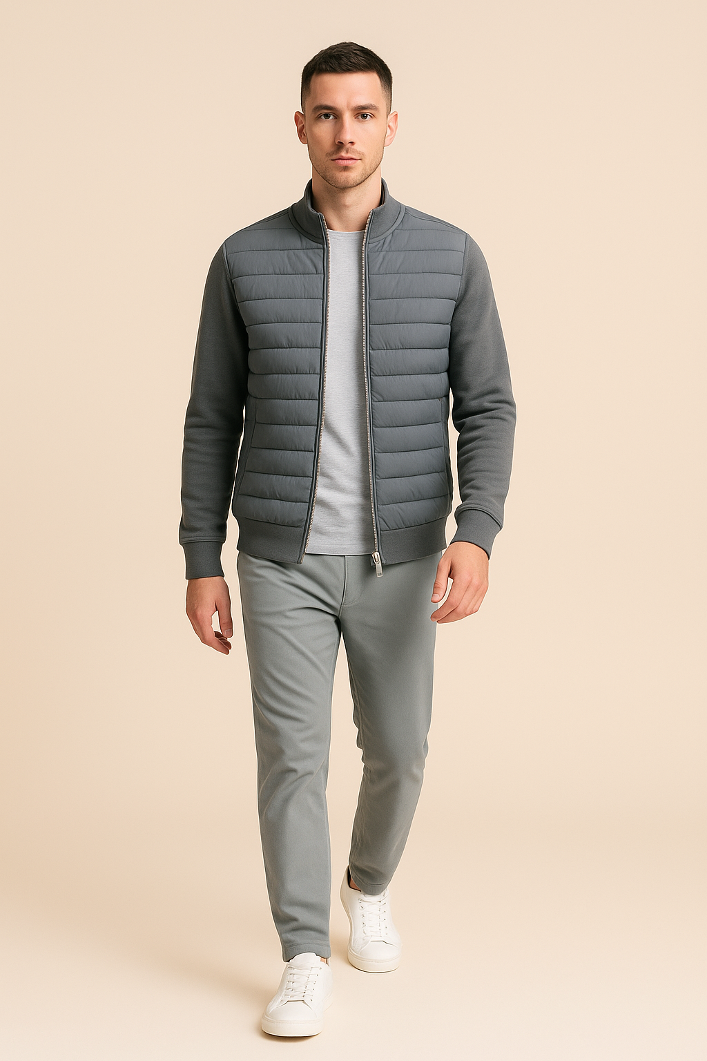 Men’s Quilted Hybrid Jacket – Knitted Sleeves, Zip-Through, Lightweight Insulation