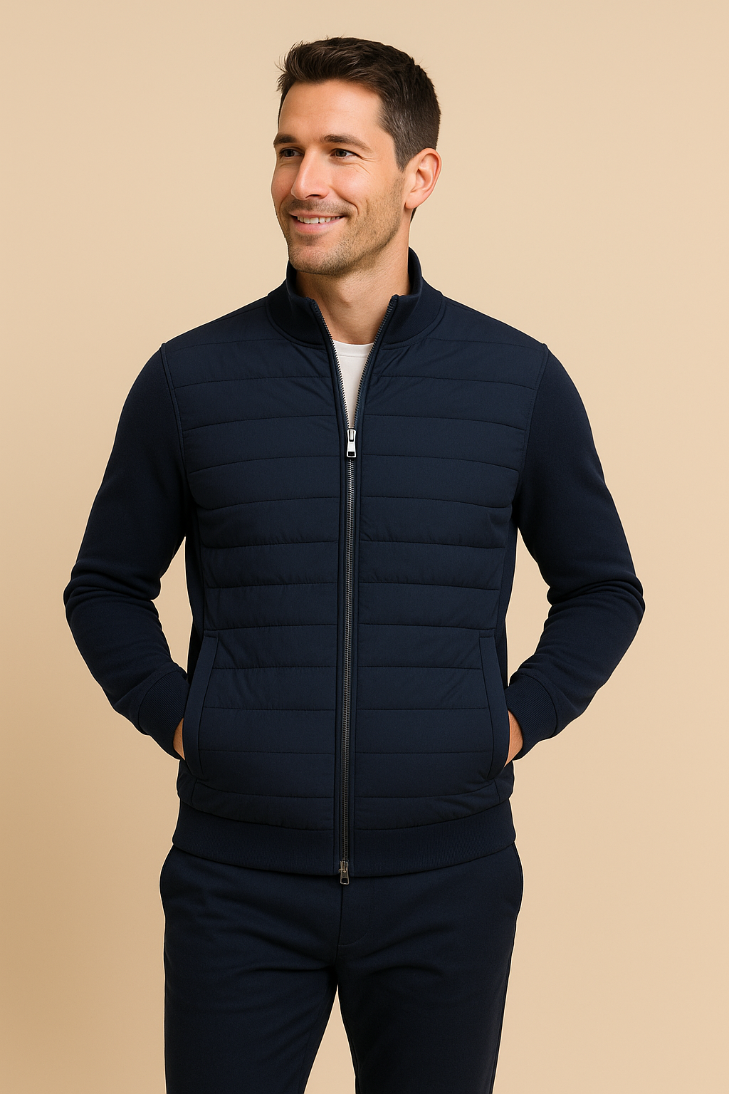 Men’s Quilted Hybrid Jacket – Knitted Sleeves, Zip-Through, Lightweight Insulation
