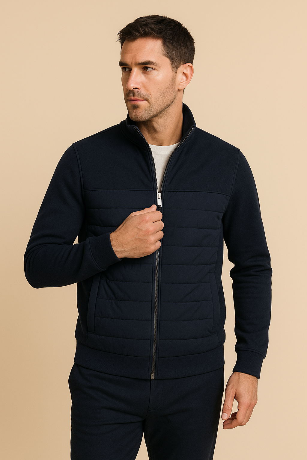 Men’s Quilted Hybrid Jacket – Knitted Sleeves, Zip-Through, Lightweight Insulation
