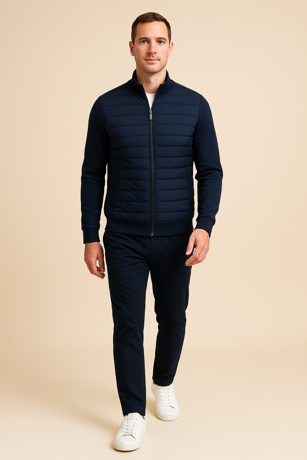 Men’s Quilted Hybrid Jacket – Knitted Sleeves, Zip-Through, Lightweight Insulation