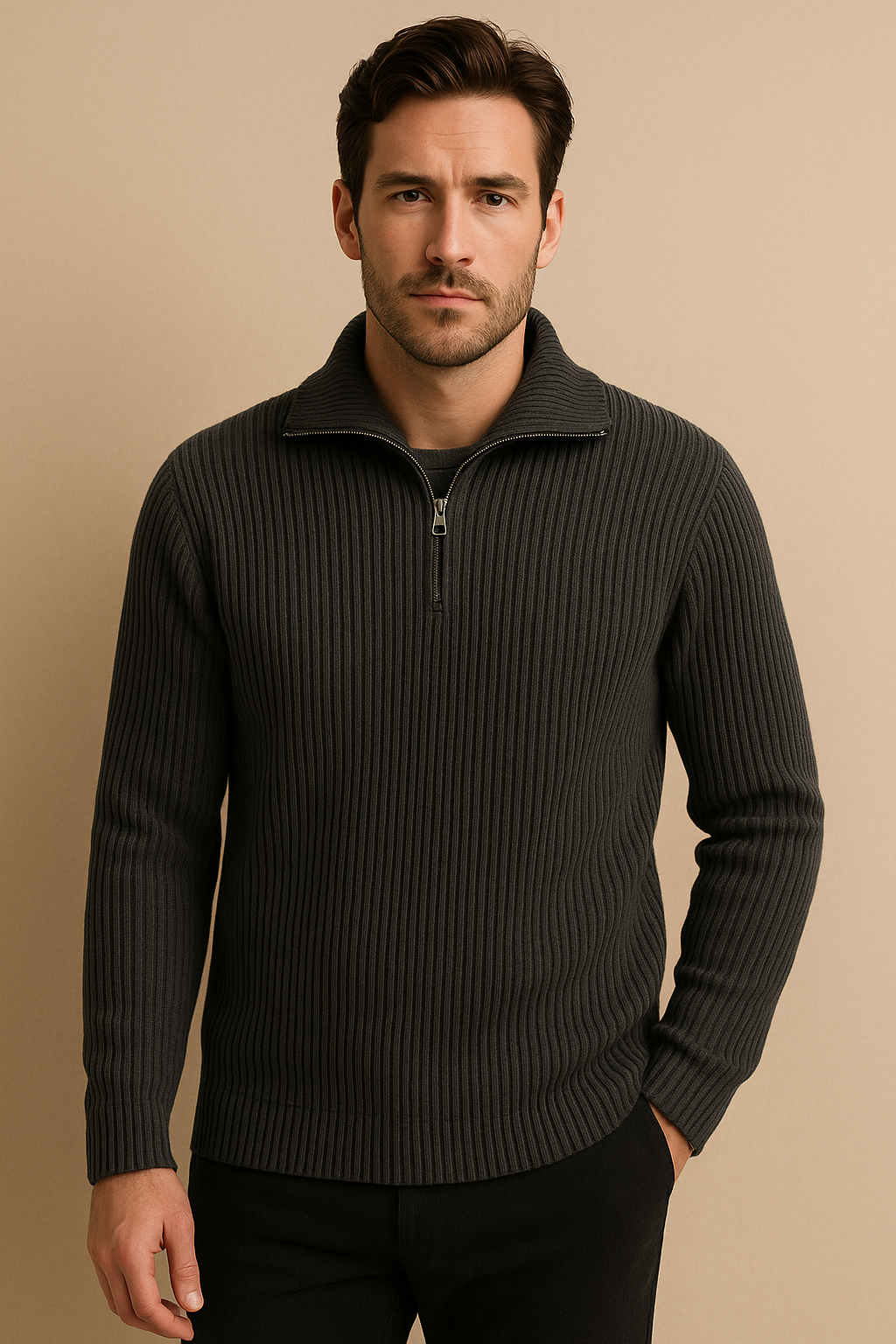 Men’s Merino Wool Quarter-Zip Jumper – Ribbed Knit, Tailored Fit