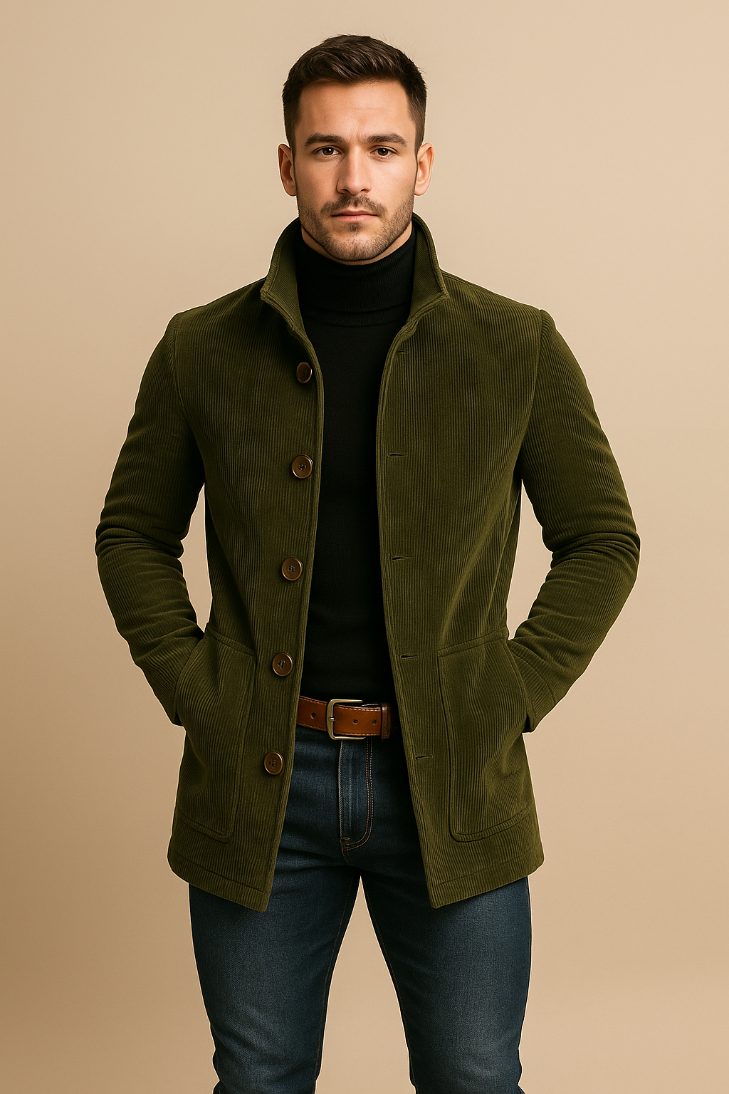 Men’s Tailored Corduroy Jacket – High Collar, Ribbed Texture