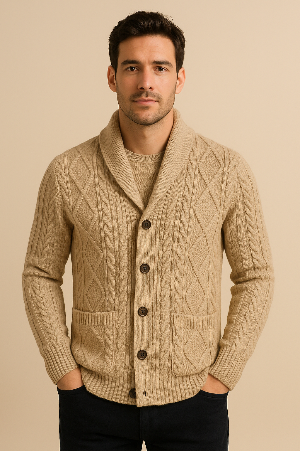 Men’s 100% Cashmere Shawl-Collar Cardigan – Cable Knit, Button Front, Relaxed Fit