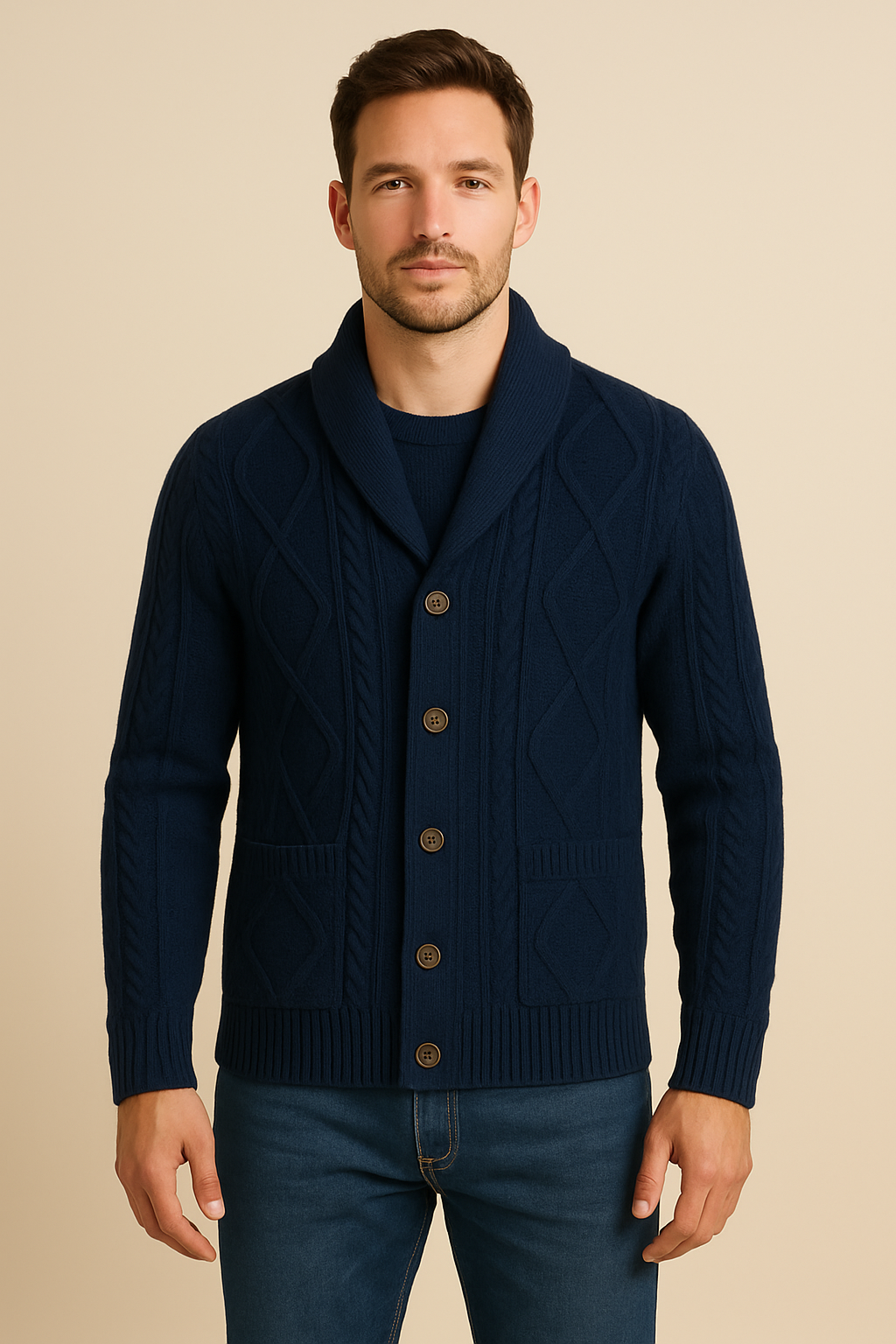 Men’s 100% Cashmere Shawl-Collar Cardigan – Cable Knit, Button Front, Relaxed Fit