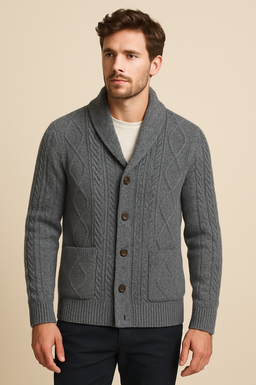 Men’s 100% Cashmere Shawl-Collar Cardigan – Cable Knit, Button Front, Relaxed Fit