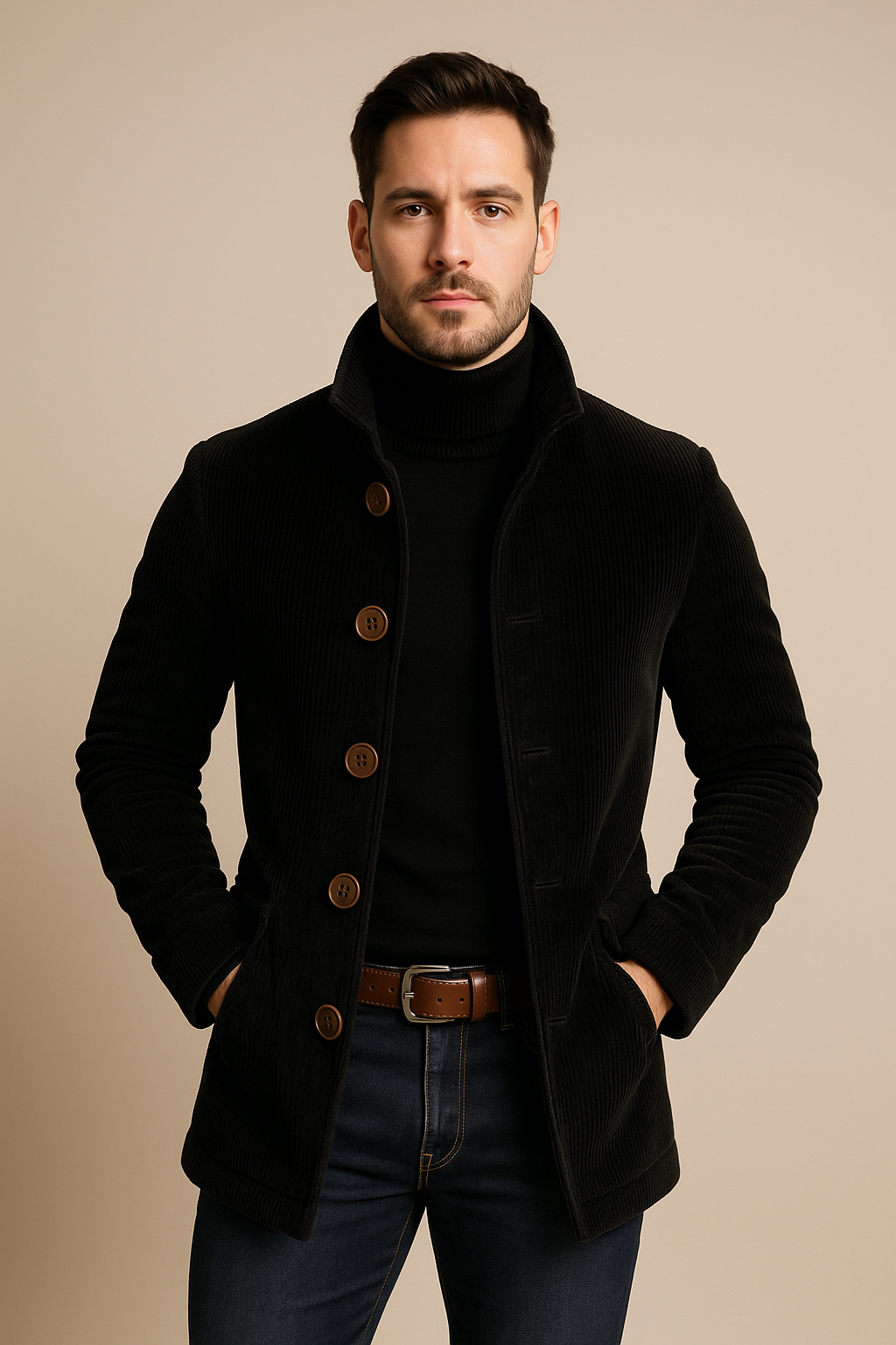 Men’s Tailored Corduroy Jacket – High Collar, Ribbed Texture