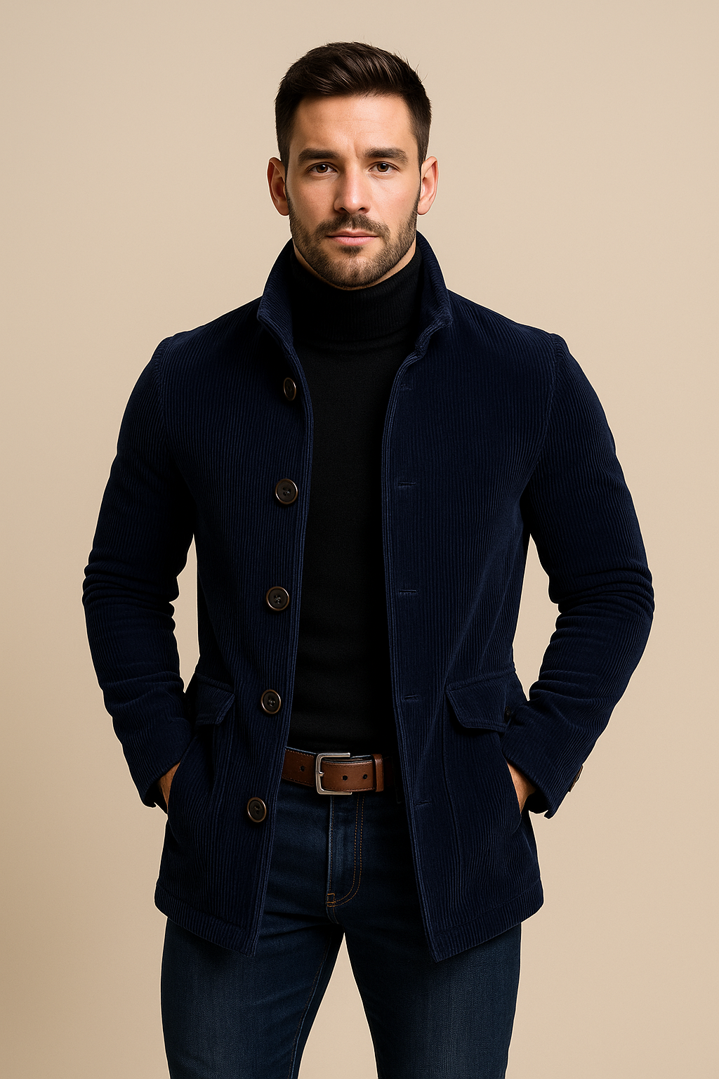 Men’s Tailored Corduroy Jacket – High Collar, Ribbed Texture