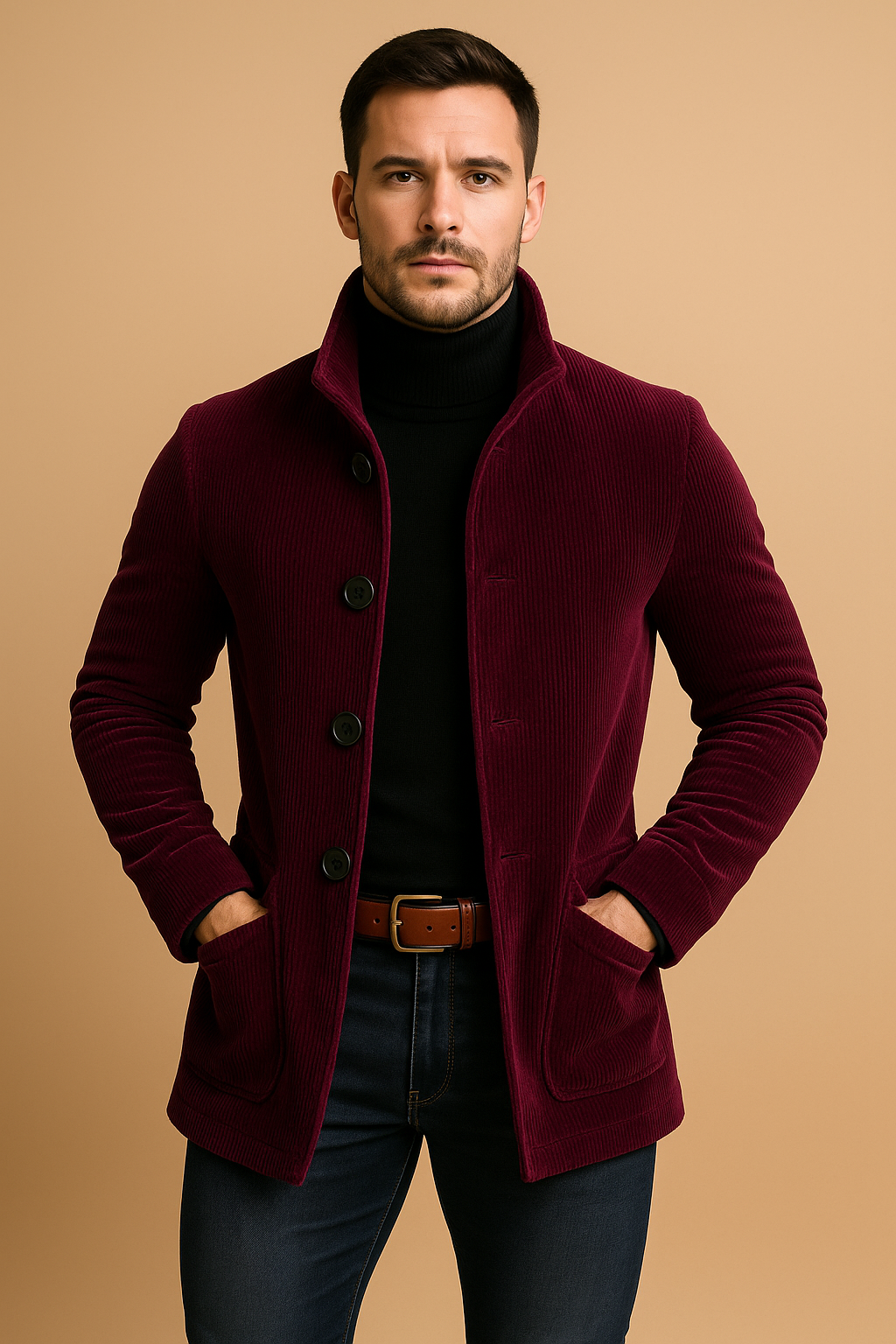 Men’s Tailored Corduroy Jacket – High Collar, Ribbed Texture