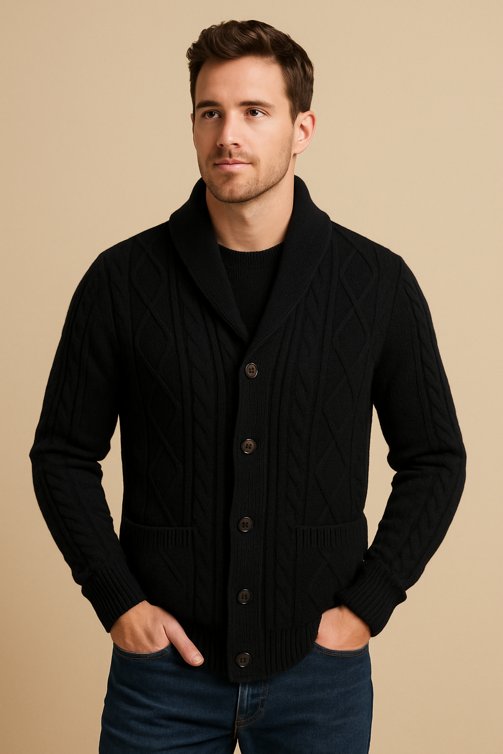 Men’s 100% Cashmere Shawl-Collar Cardigan – Cable Knit, Button Front, Relaxed Fit