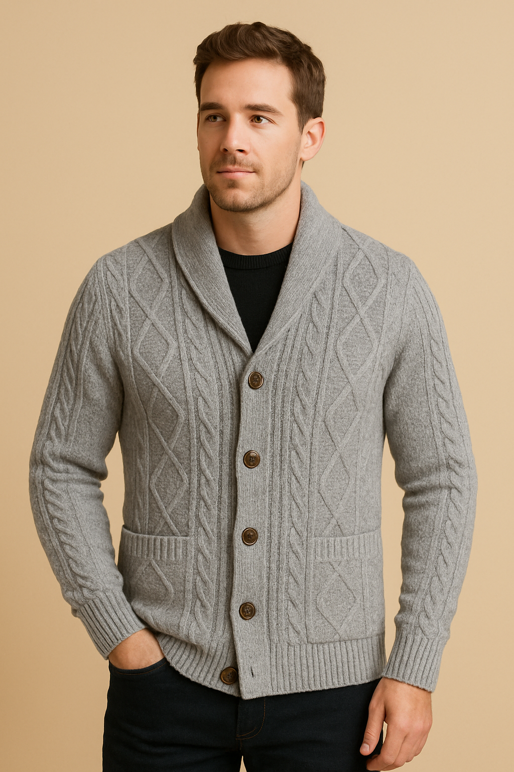 Men’s 100% Cashmere Shawl-Collar Cardigan – Cable Knit, Button Front, Relaxed Fit