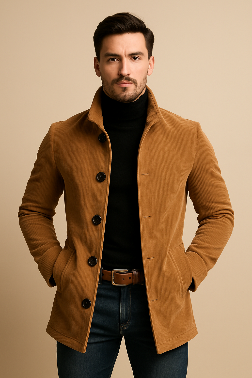 Men’s Tailored Corduroy Jacket – High Collar, Ribbed Texture