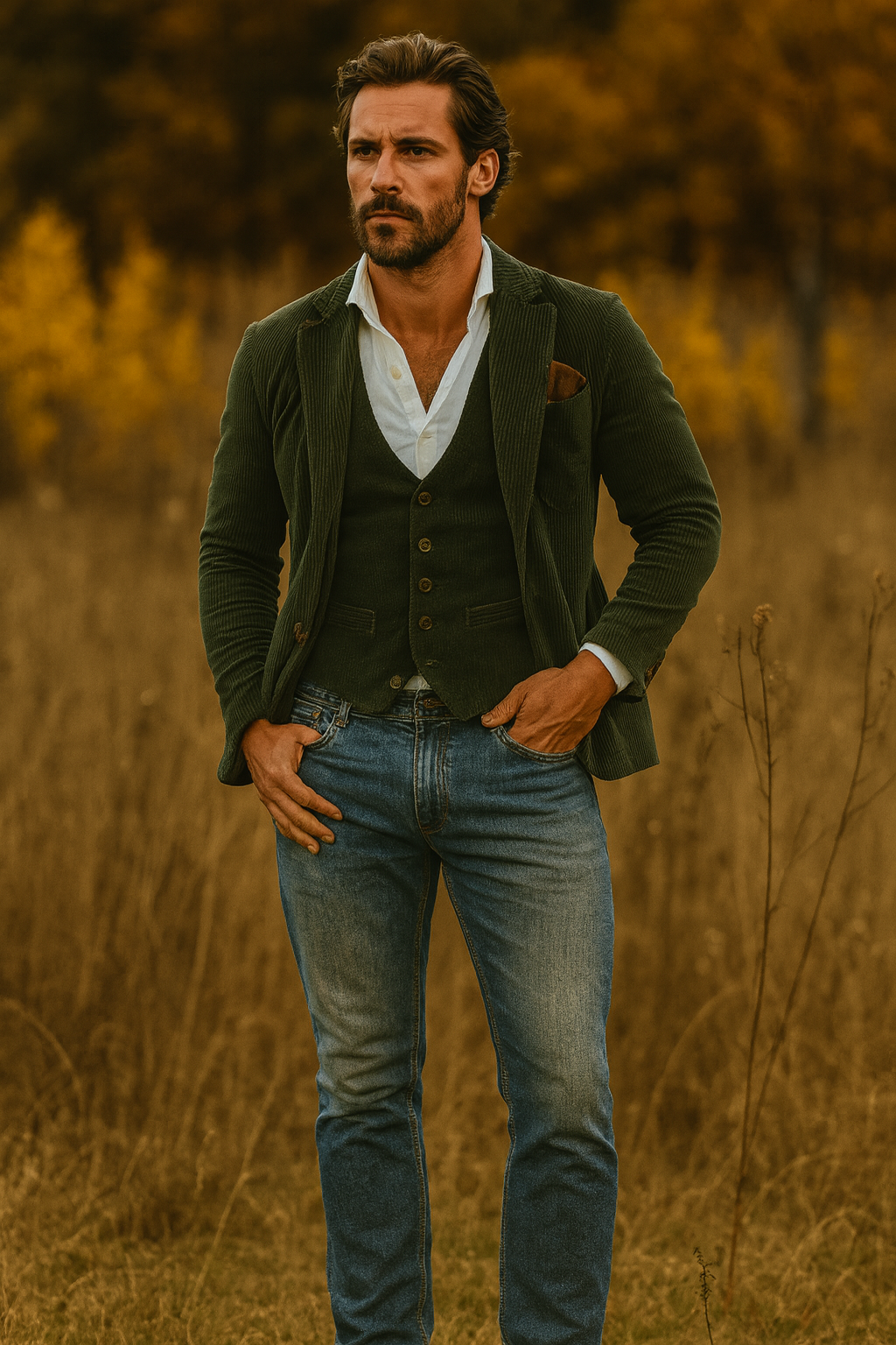 Men’s Corduroy Blazer & Waistcoat Set – Two-Piece – Smart Casual
