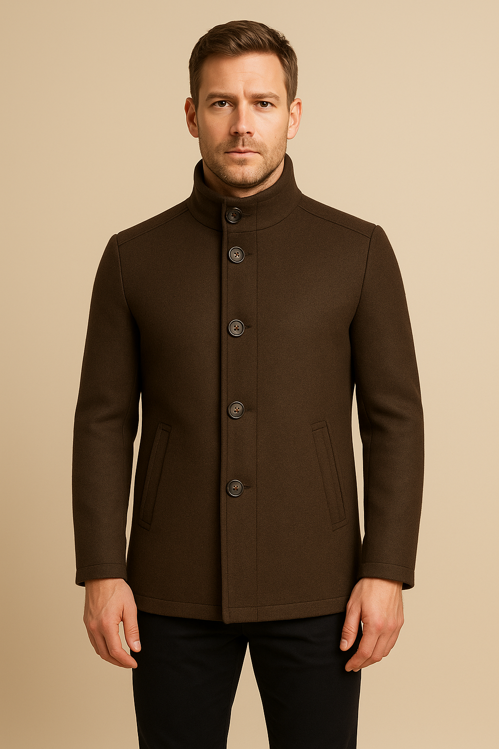 Men’s Overcoat – Wool Blend Stand Collar, Slim Fit