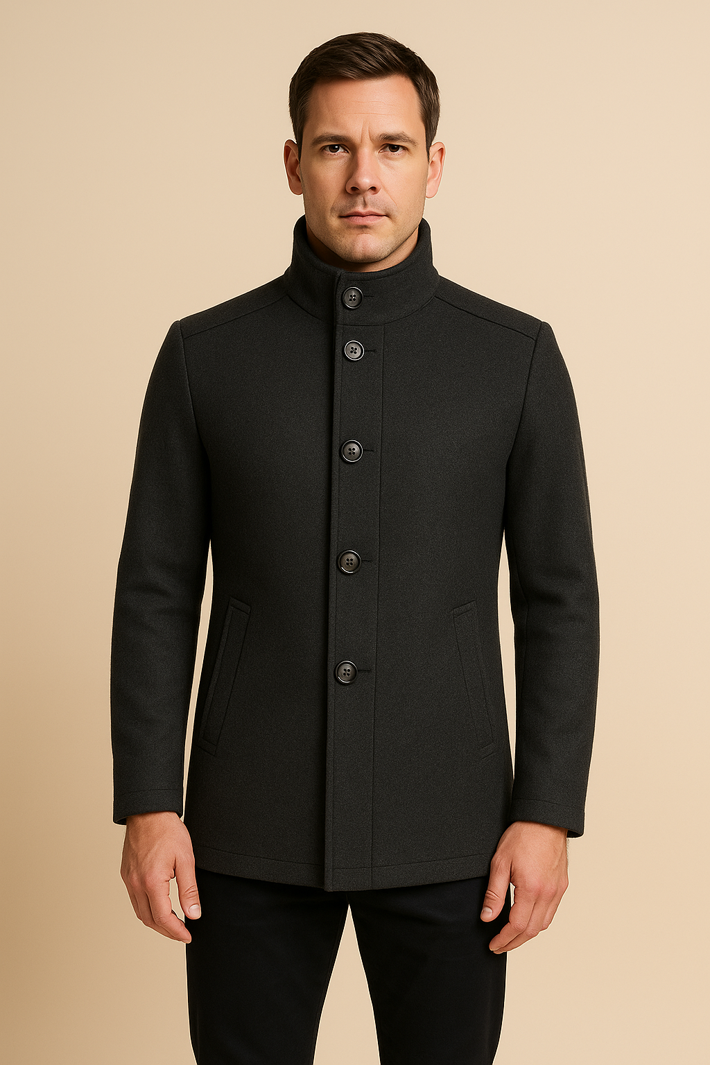 Men’s Overcoat – Wool Blend Stand Collar, Slim Fit