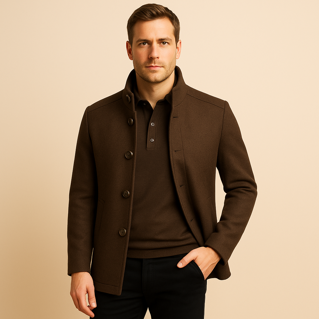 Men’s Overcoat – Wool Blend Stand Collar, Slim Fit