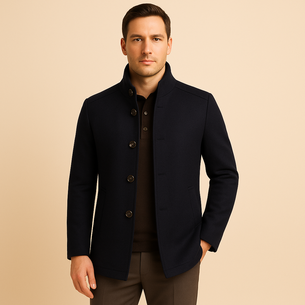 Men’s Overcoat – Wool Blend Stand Collar, Slim Fit