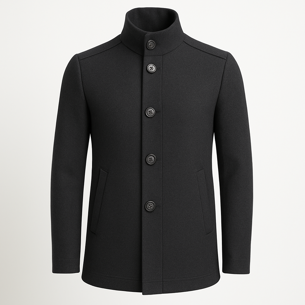 Men’s Overcoat – Wool Blend Stand Collar, Slim Fit