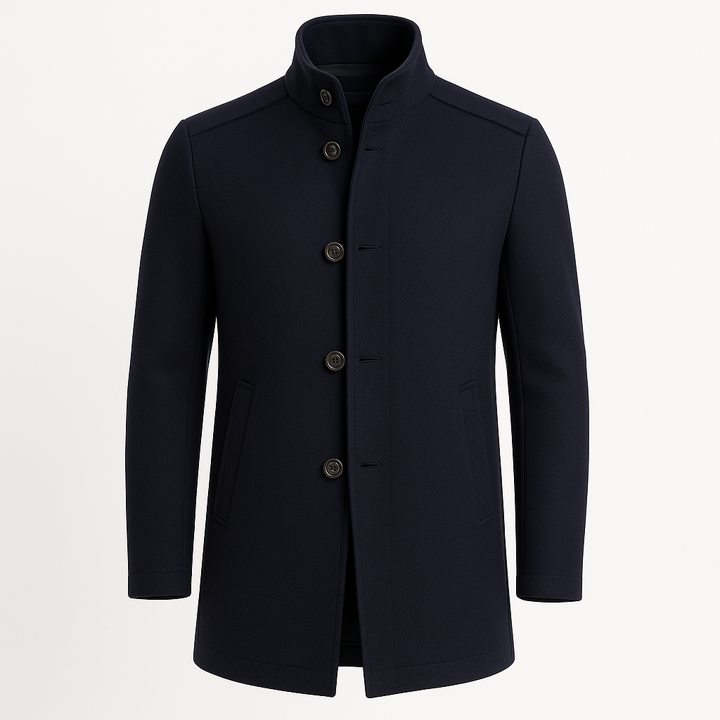 Men’s Overcoat – Wool Blend Stand Collar, Slim Fit