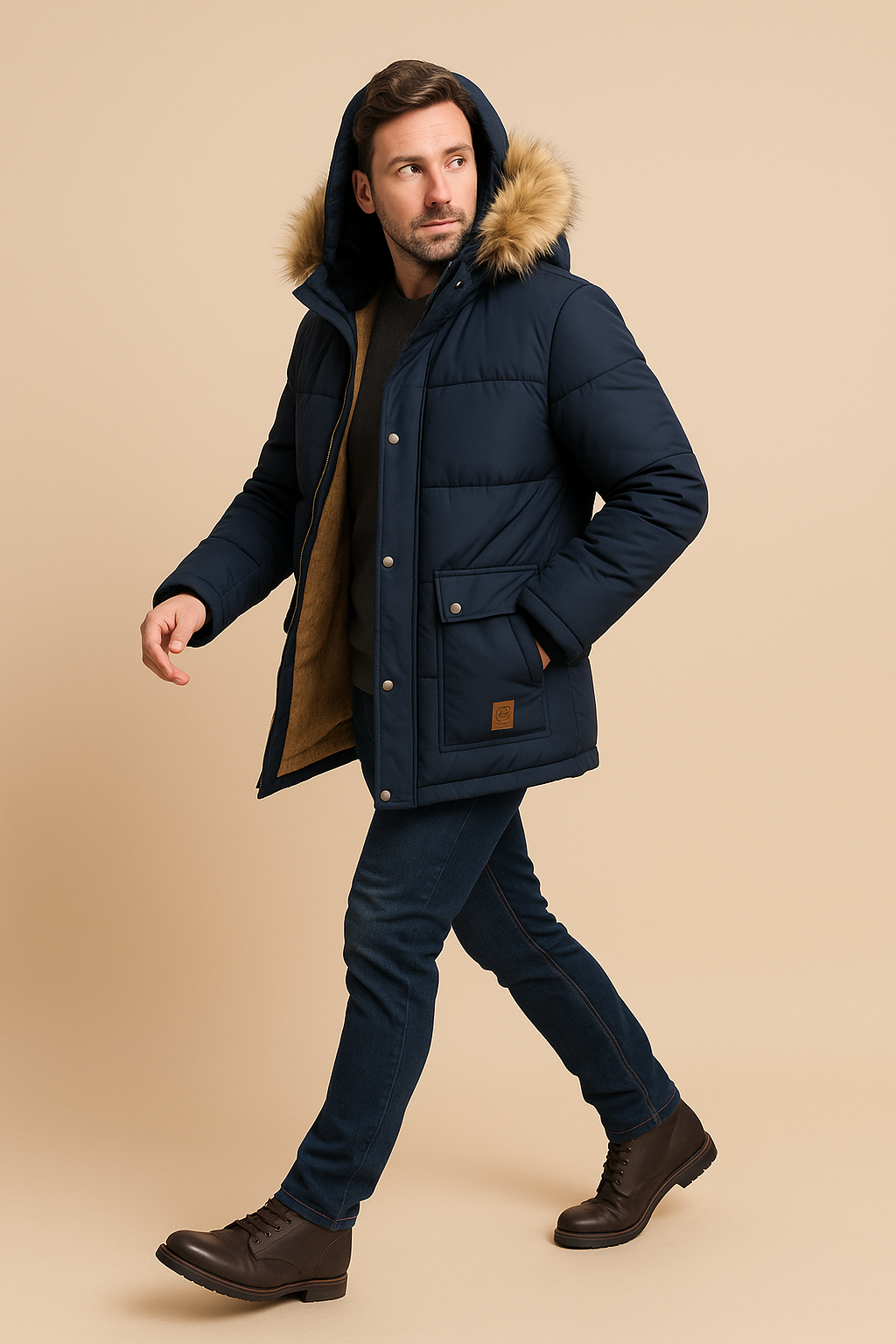 Men’s Parka Coat – Quilted Insulation – Plush Fleece Lining – Faux Fur Hood – Relaxed Fit