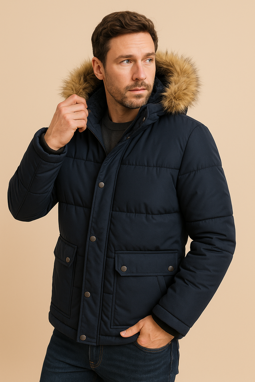 Men’s Parka Coat – Quilted Insulation – Plush Fleece Lining – Faux Fur Hood – Relaxed Fit