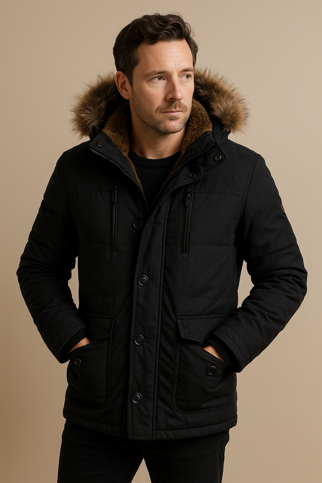 Men’s Parka Jacket – Plush Lined with Detachable Hood & Faux Fur Trim