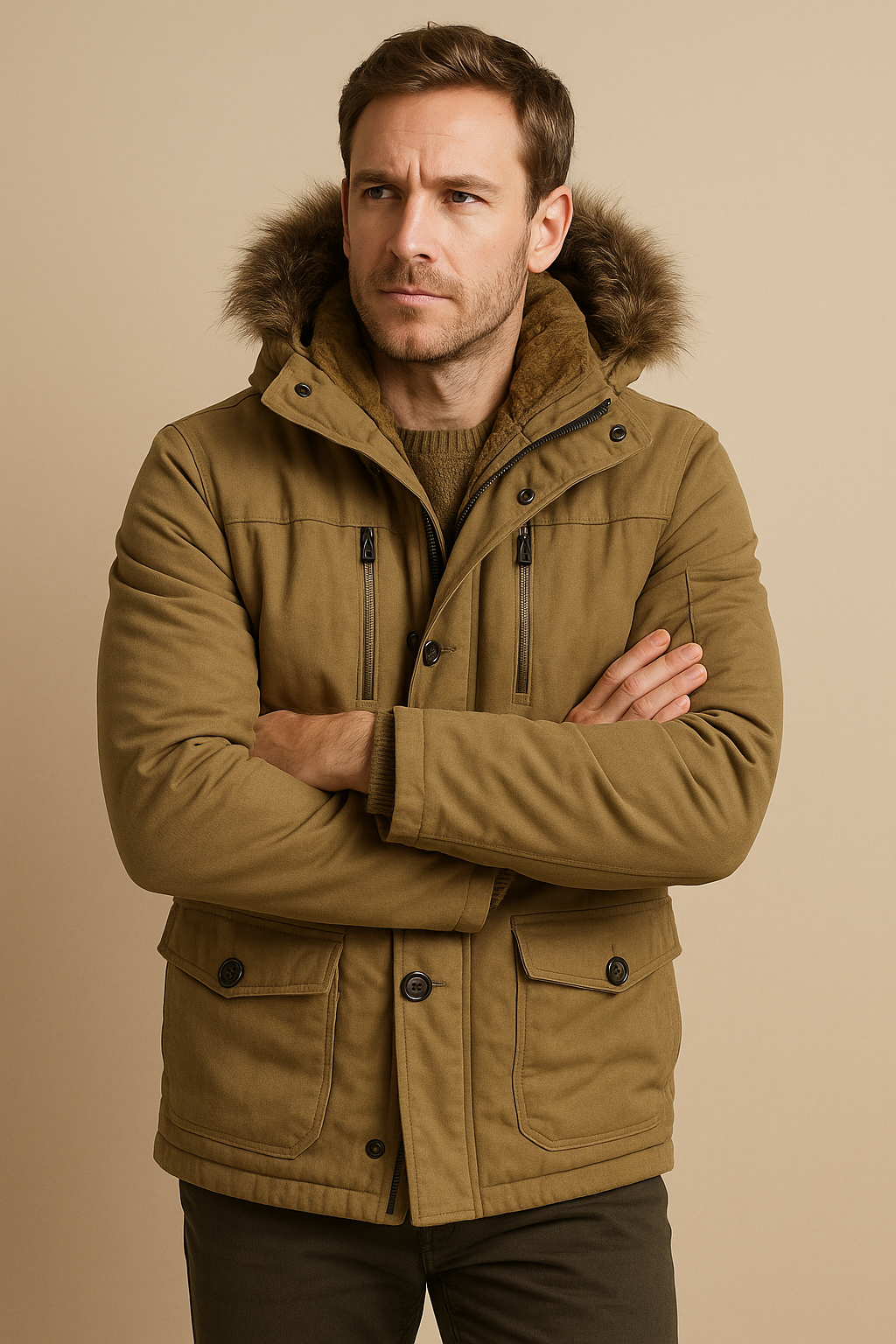 Men’s Parka Jacket – Plush Lined with Detachable Hood & Faux Fur Trim