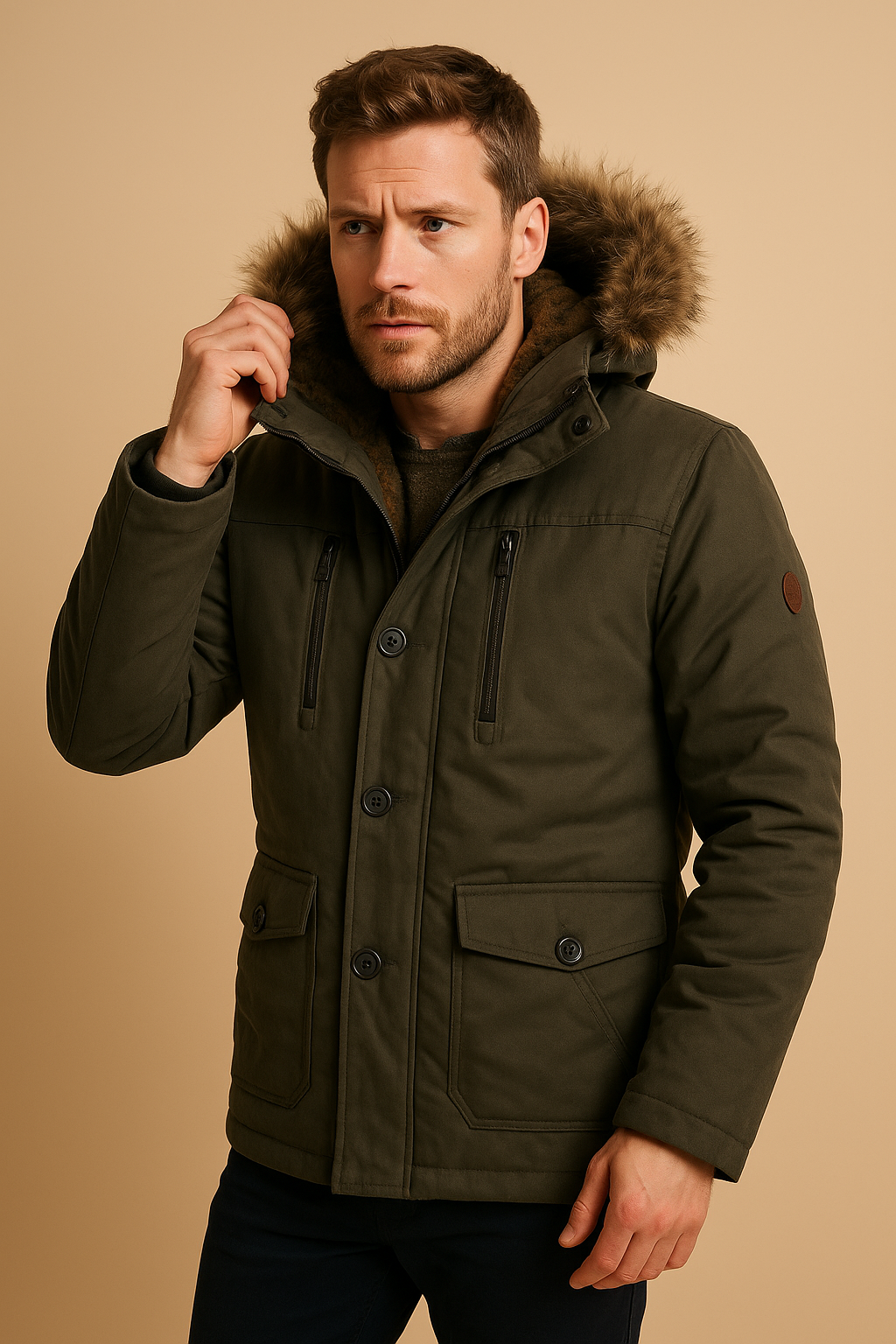 Men’s Parka Jacket – Plush Lined with Detachable Hood & Faux Fur Trim