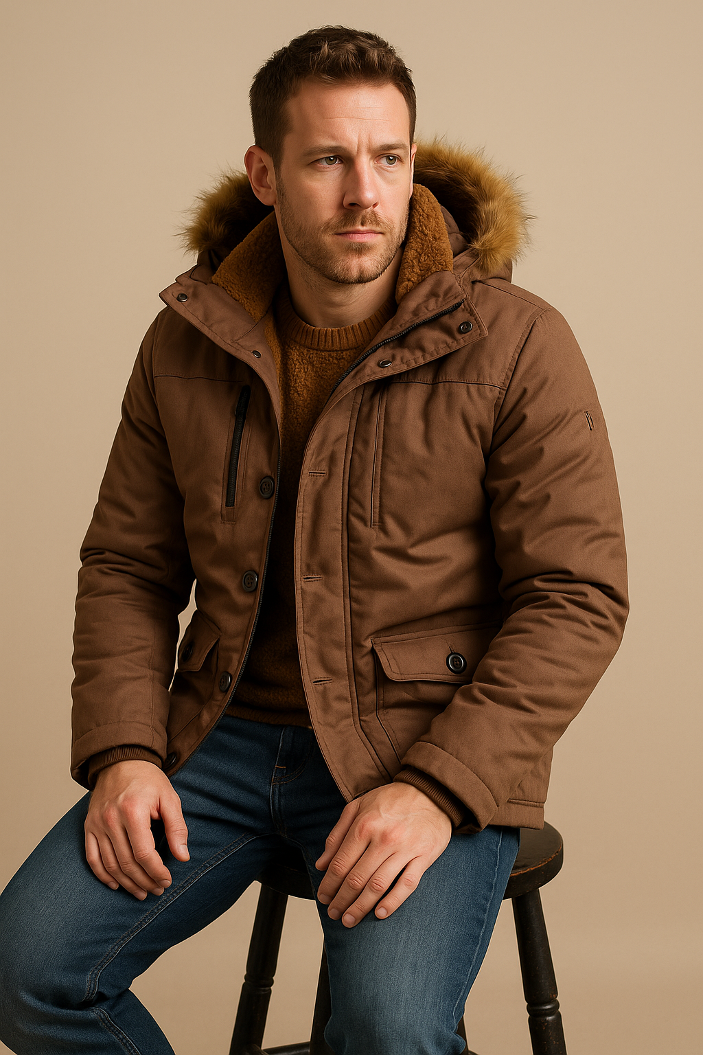 Men’s Parka Jacket – Plush Lined with Detachable Hood & Faux Fur Trim