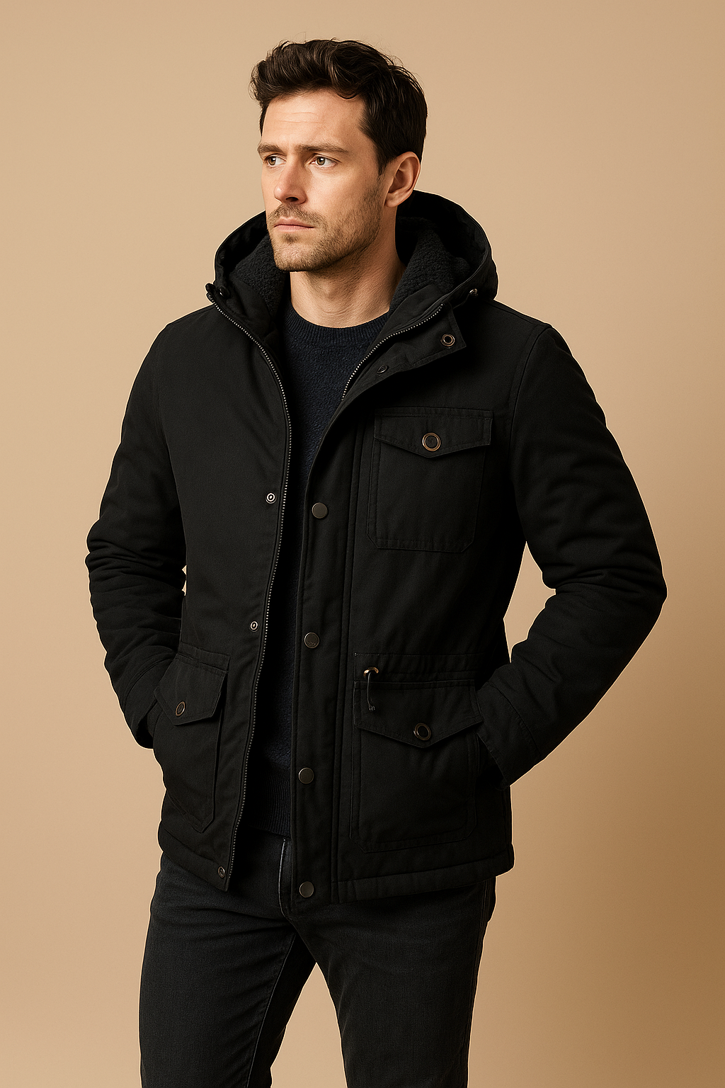 Men’s Sherpa-Lined Parka Jacket – Utility Pockets, Ribbed Hood & Everyday Warmth