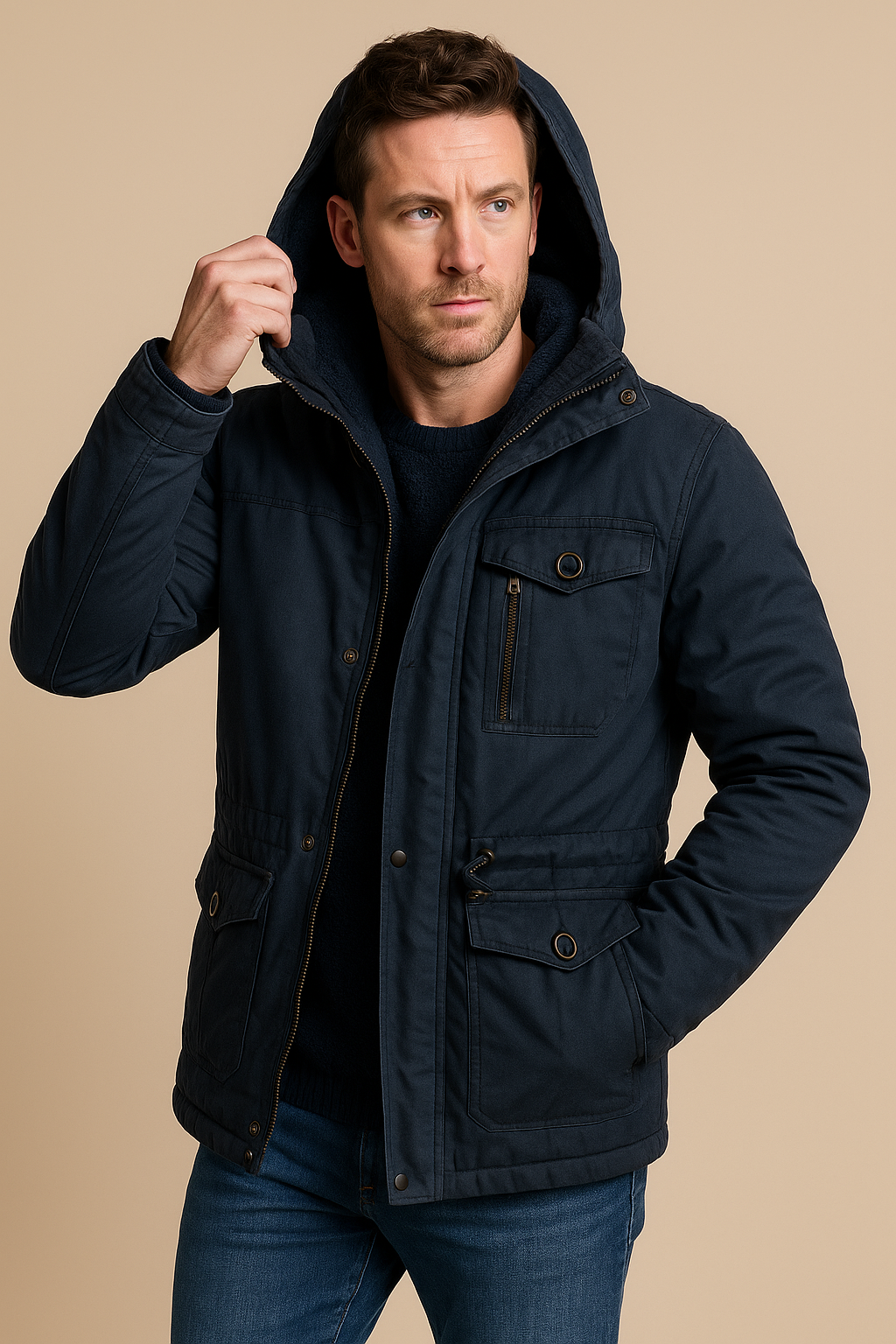 Men’s Sherpa-Lined Parka Jacket – Utility Pockets, Ribbed Hood & Everyday Warmth