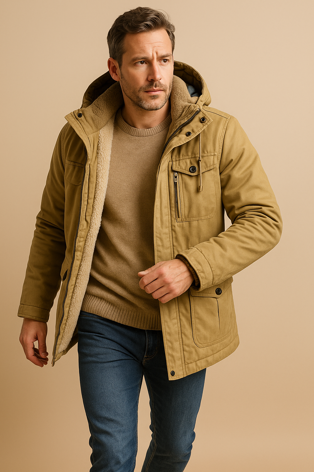 Men’s Sherpa-Lined Parka Jacket – Utility Pockets, Ribbed Hood & Everyday Warmth
