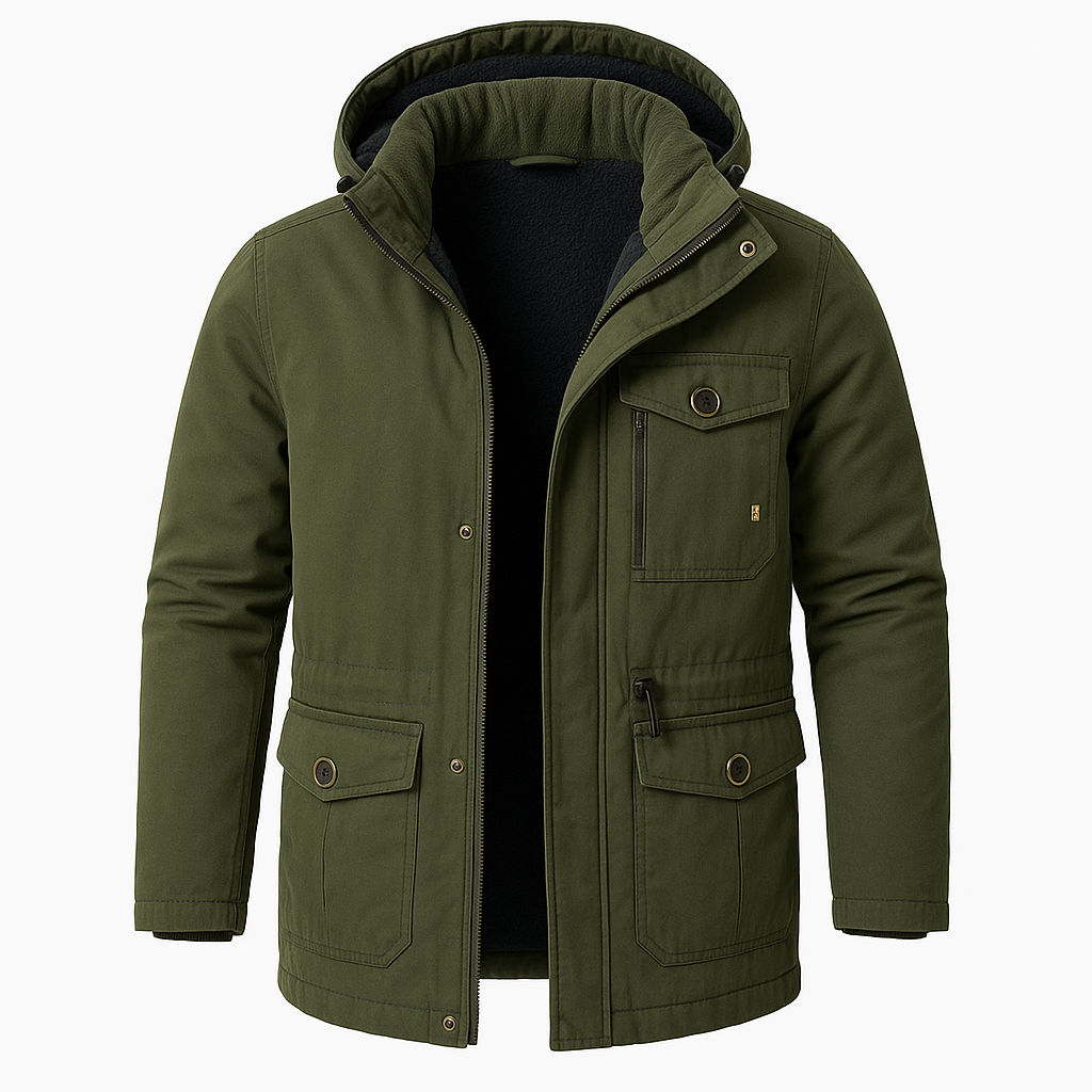 Men’s Sherpa-Lined Parka Jacket – Utility Pockets, Ribbed Hood & Everyday Warmth