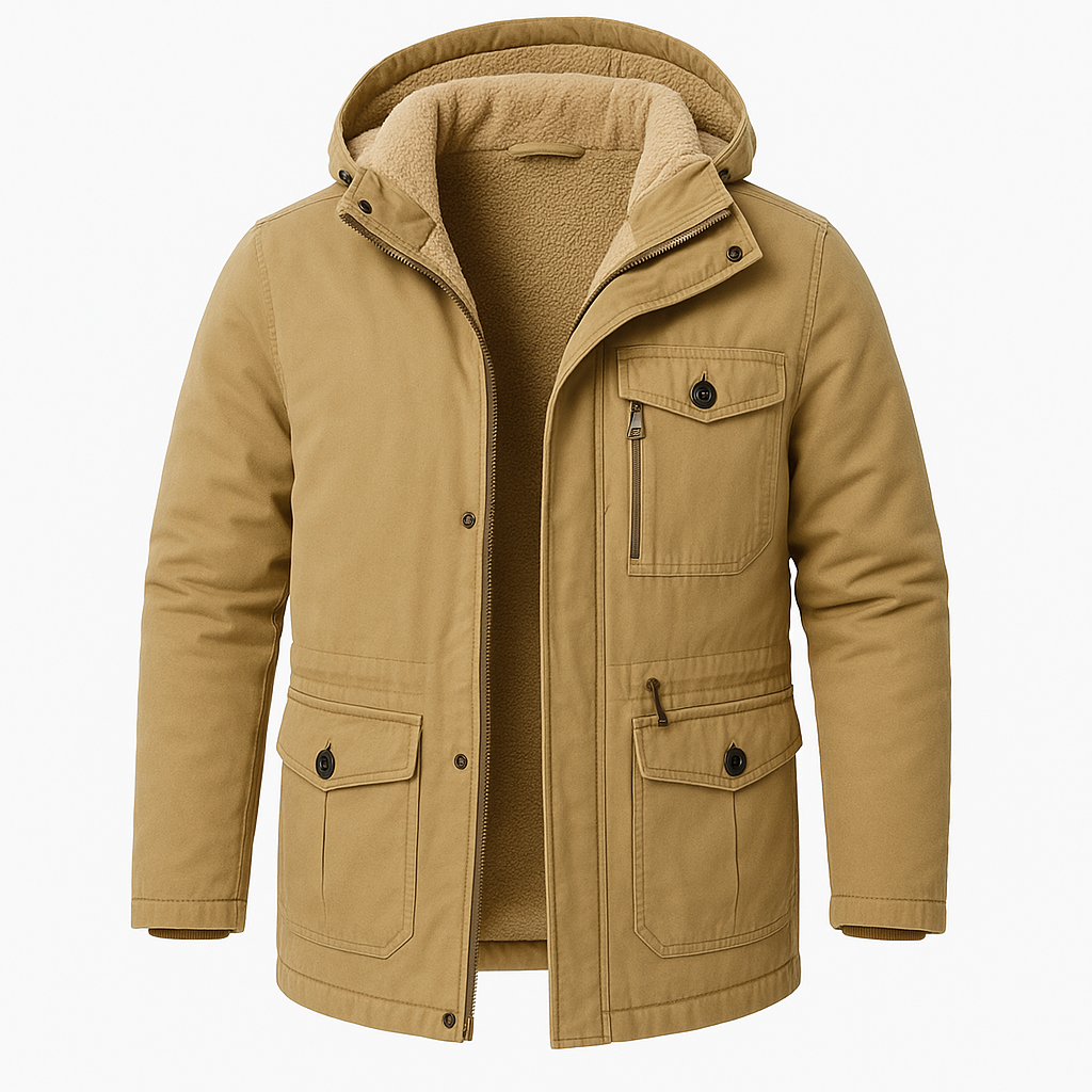 Men’s Sherpa-Lined Parka Jacket – Utility Pockets, Ribbed Hood & Everyday Warmth