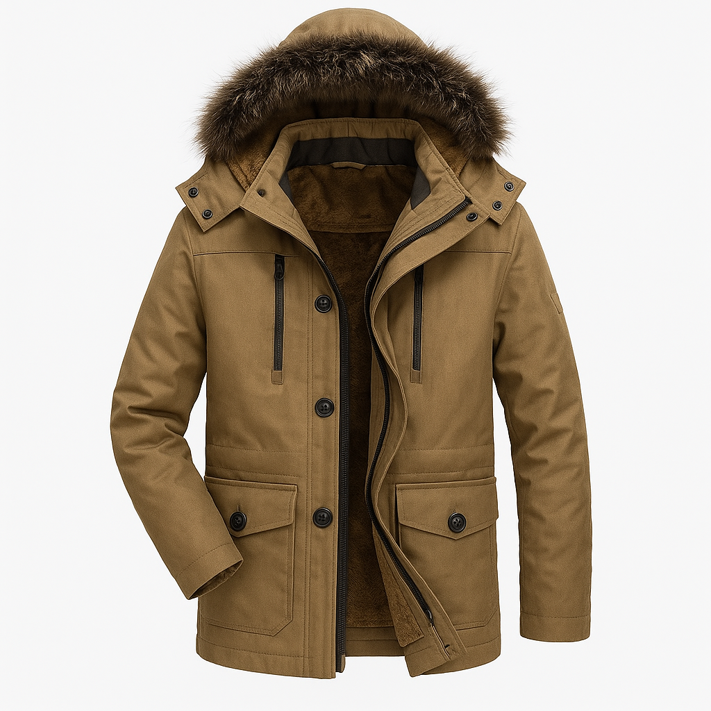 Men’s Parka Jacket – Plush Lined with Detachable Hood & Faux Fur Trim