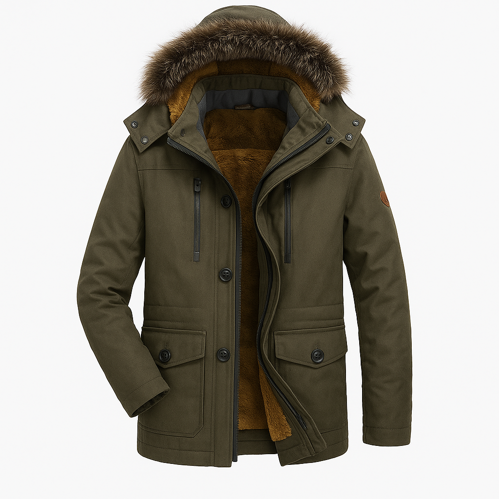 Men’s Parka Jacket – Plush Lined with Detachable Hood & Faux Fur Trim