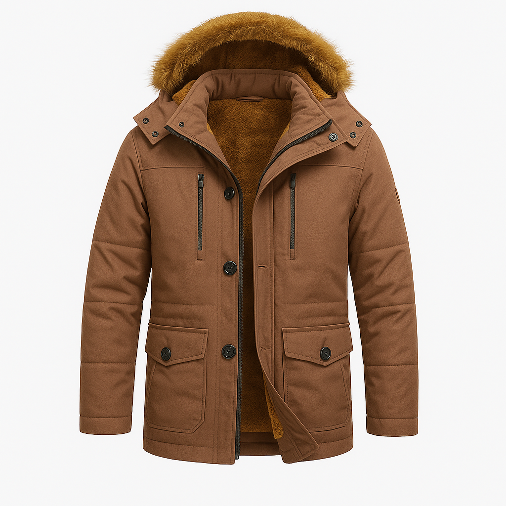 Men’s Parka Jacket – Plush Lined with Detachable Hood & Faux Fur Trim