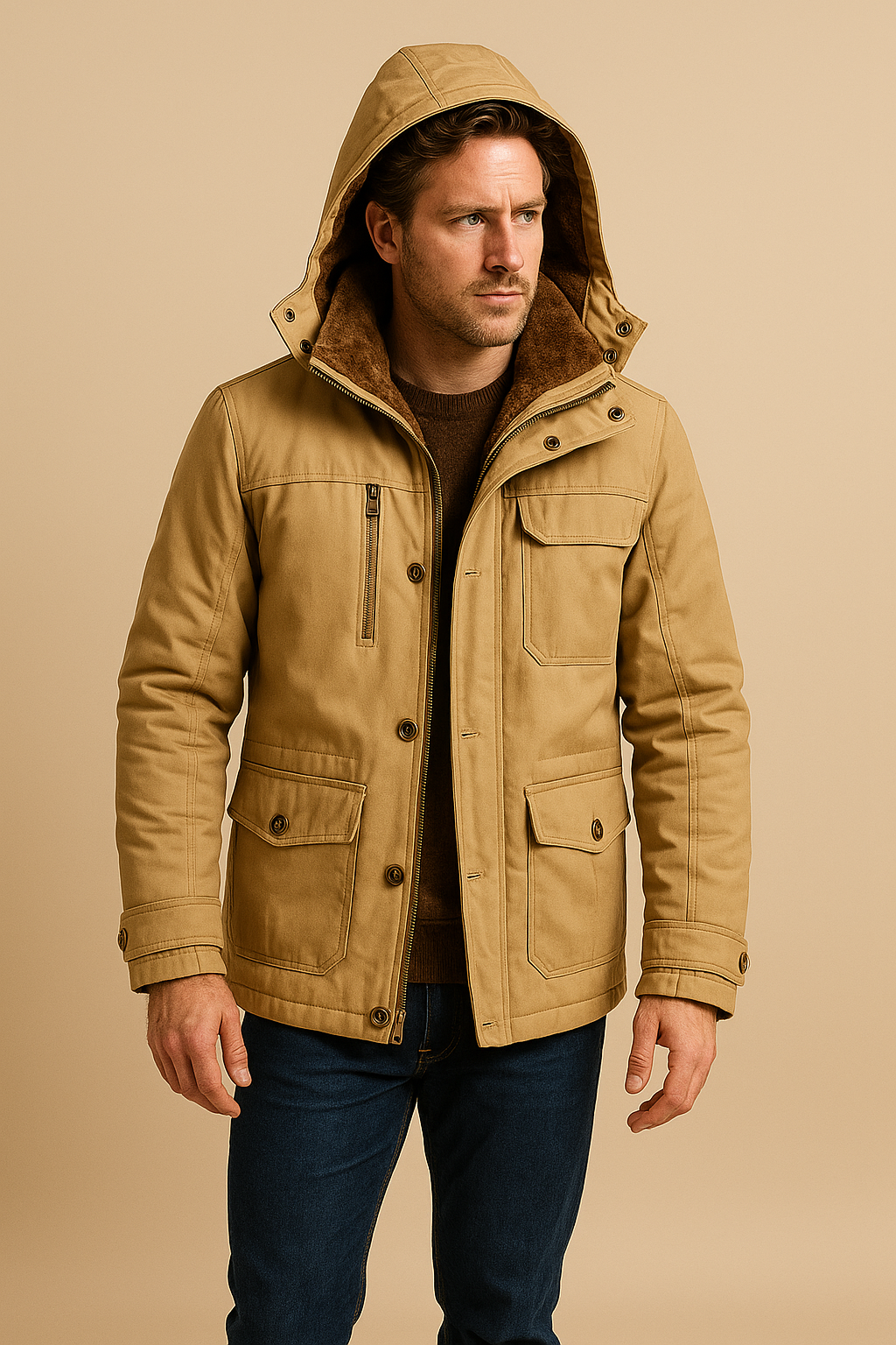 Men’s Winter Parka Coat – Water-Resistant, Faux Fur Lined & Adjustable Hood