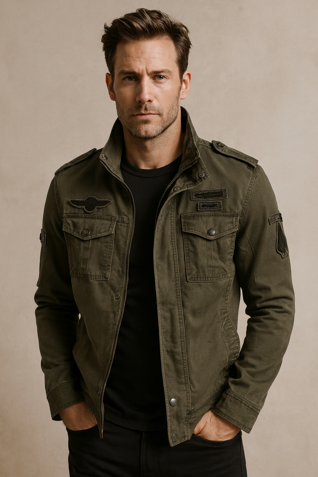 Men’s Military Style Jacket – Stand Collar, Durable Fabric & Utility Design