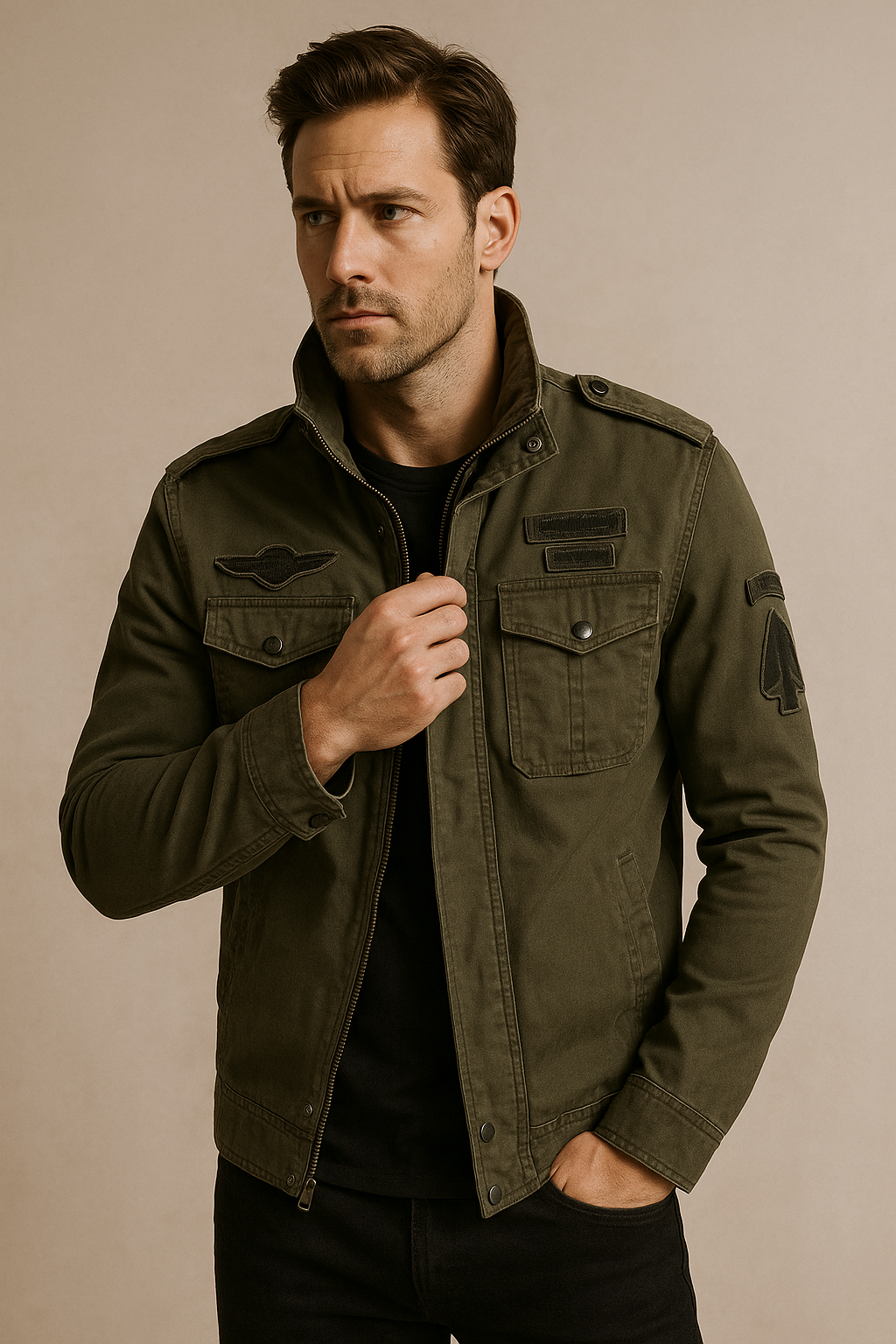 Men’s Military Style Jacket – Stand Collar, Durable Fabric & Utility Design