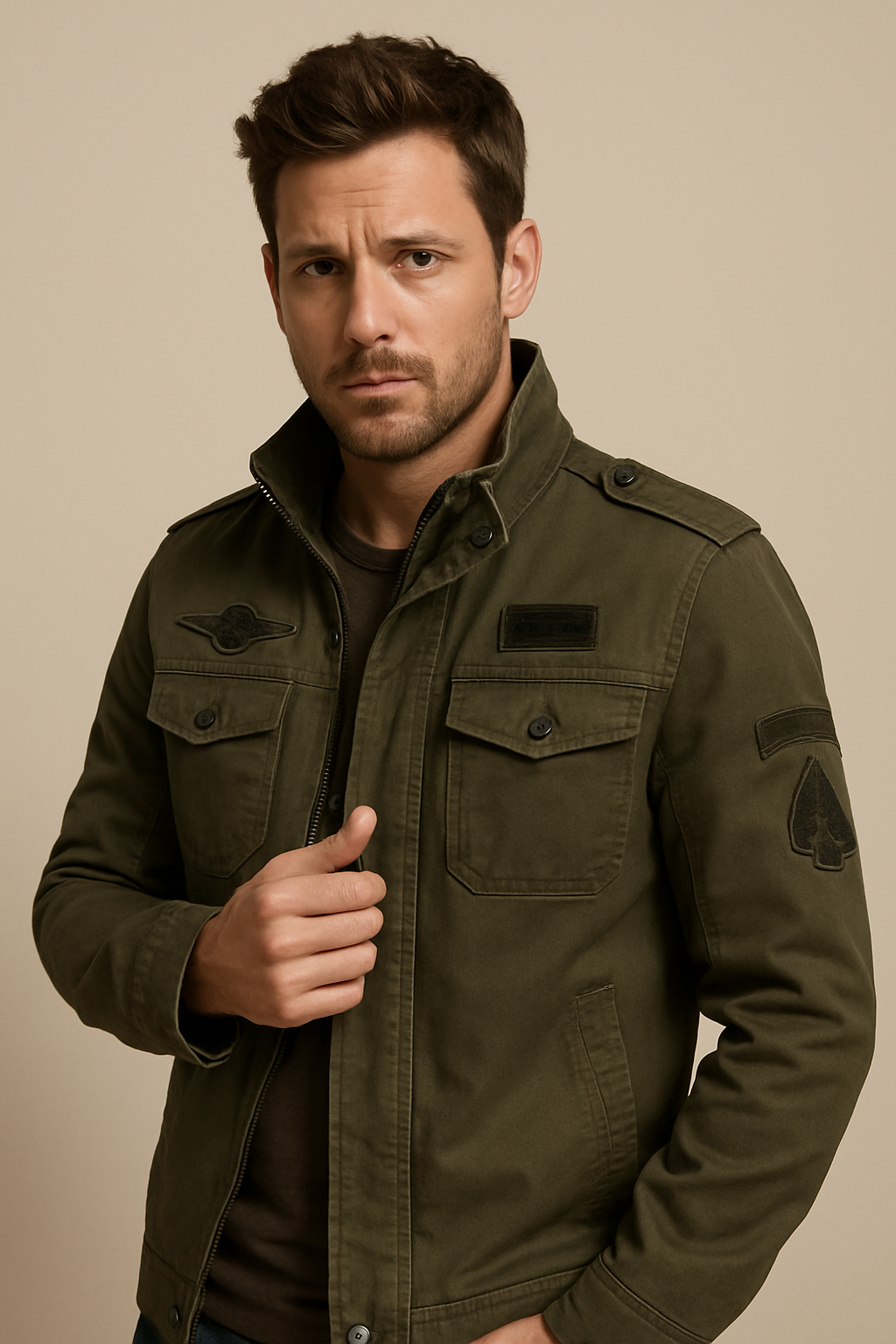 Men’s Military Style Jacket – Stand Collar, Durable Fabric & Utility Design