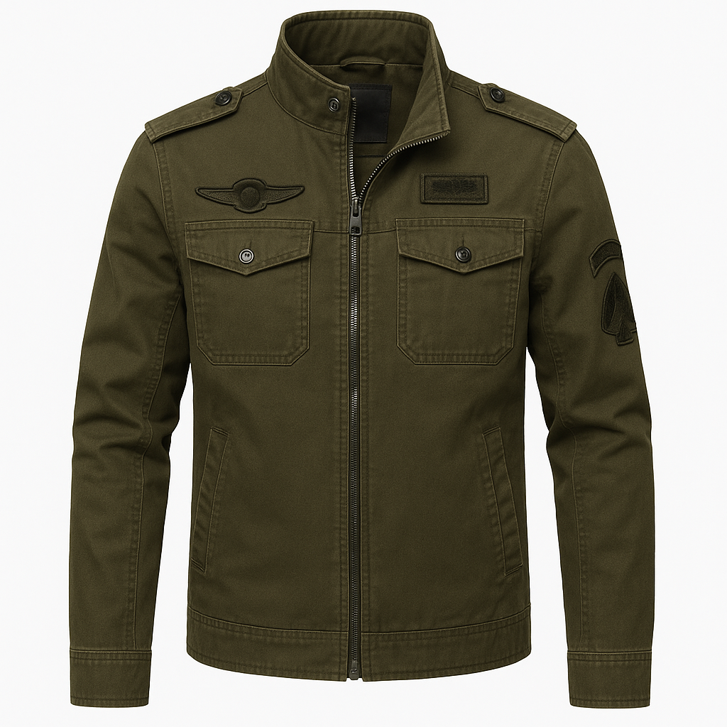 Men’s Military Style Jacket – Stand Collar, Durable Fabric & Utility Design