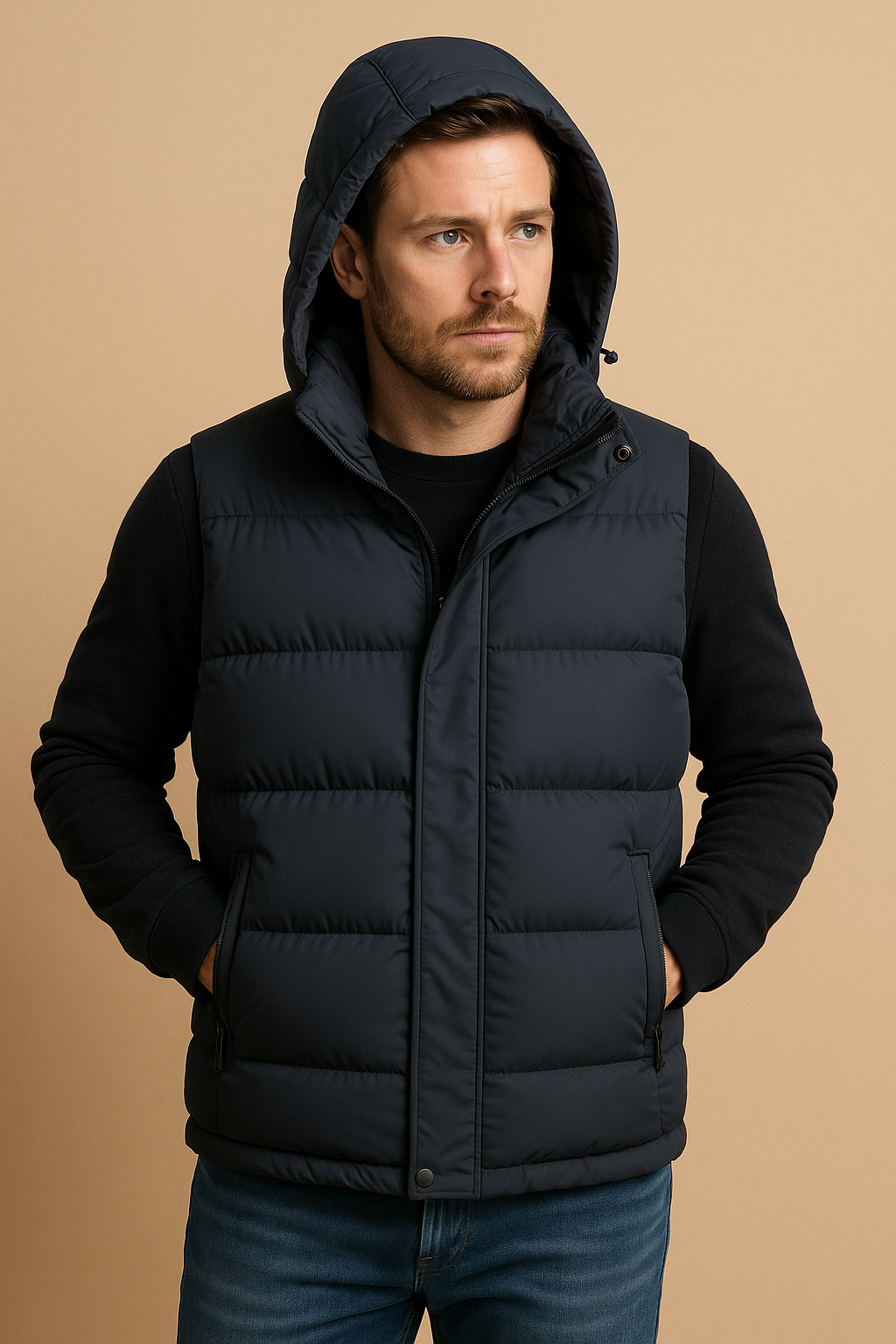 Men’s Sleeveless Winter Jacket – Puffer Bodywarmer – Detachable Hood
