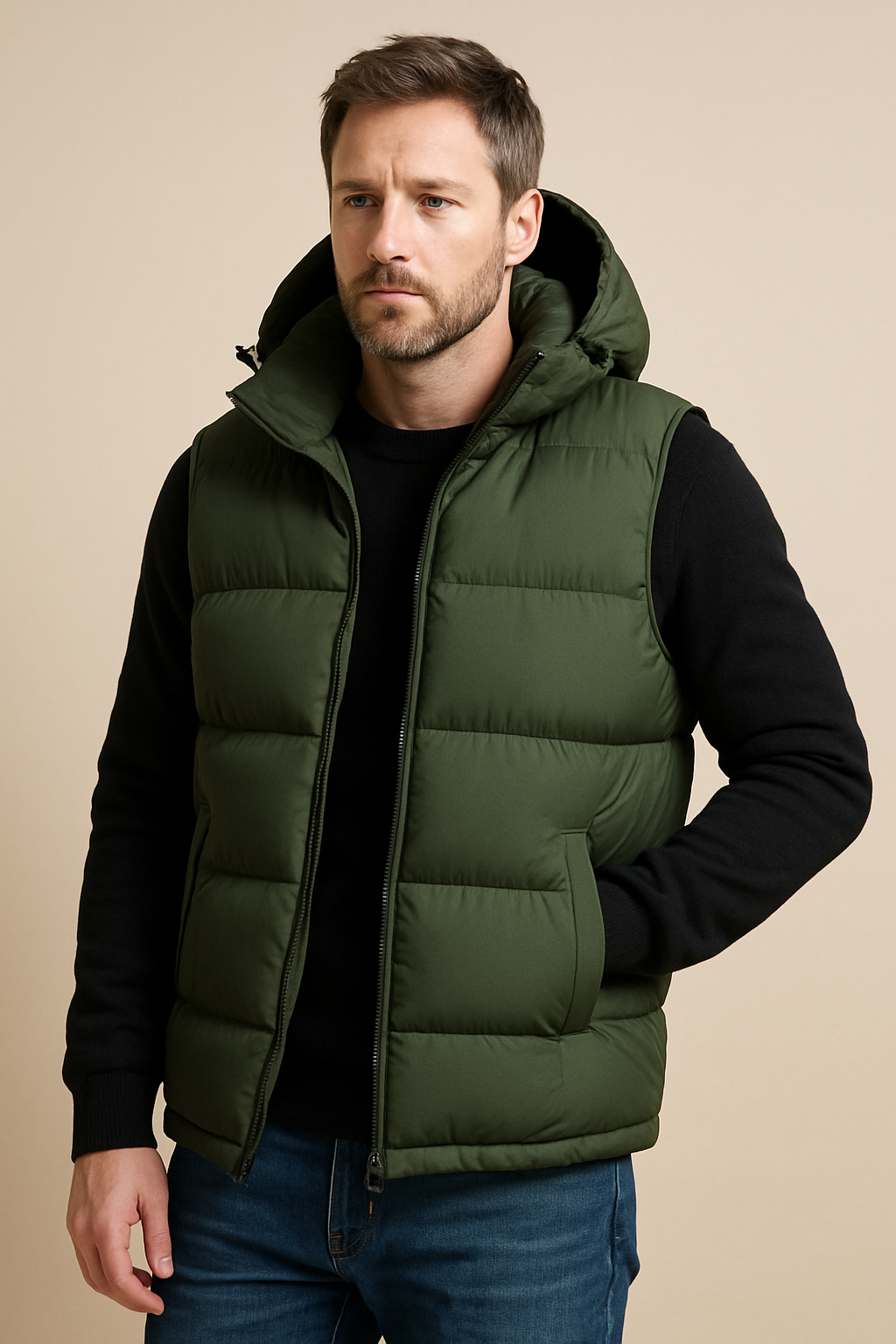 Men’s Sleeveless Winter Jacket – Puffer Bodywarmer – Detachable Hood