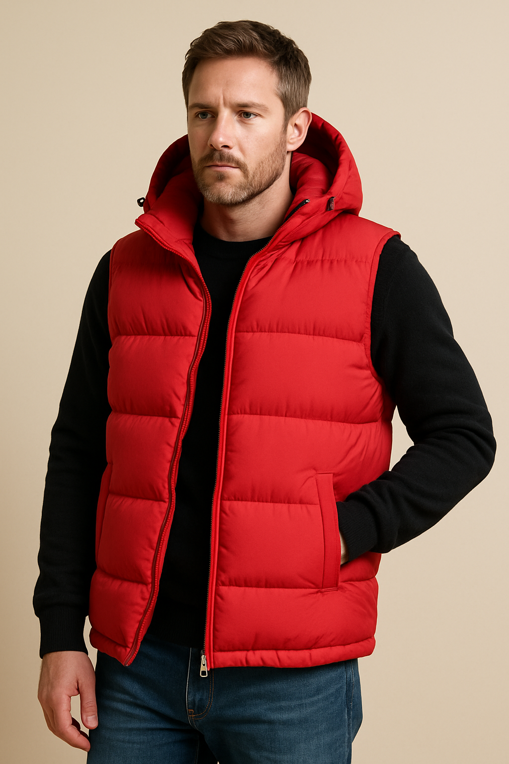Men’s Sleeveless Winter Jacket – Puffer Bodywarmer – Detachable Hood